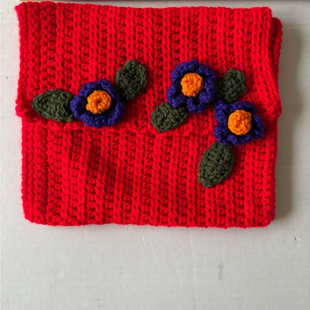 Handmade Knit Clutch Bag Fold Over Red w/ Crochet Blue Flowers Boho Pouch - Picture 2 of 8